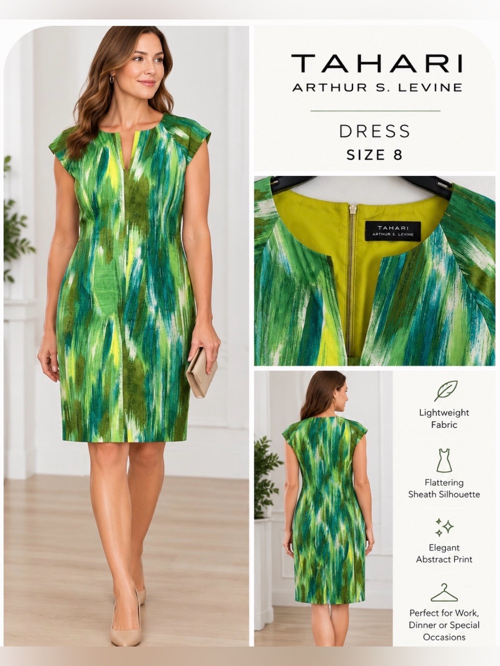 Tahari Arthur S. Levine Green & Teal Abstract Print Dress Size 8